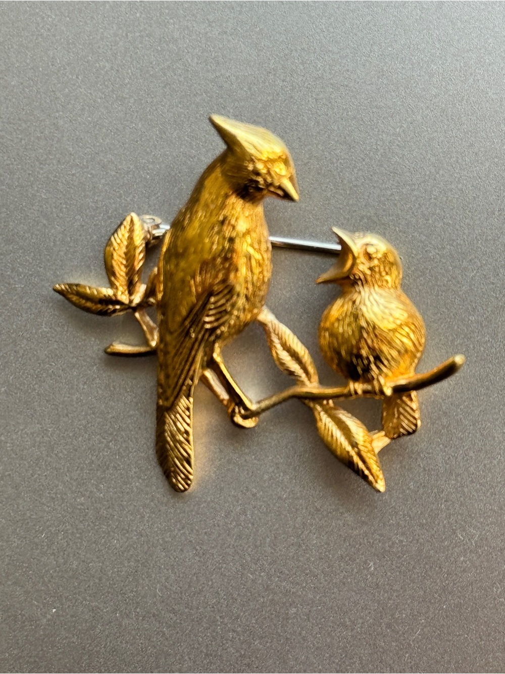 Signed Kremetz Gold Cardinal Brooch Pin - Mother and Baby Bird Branch Design